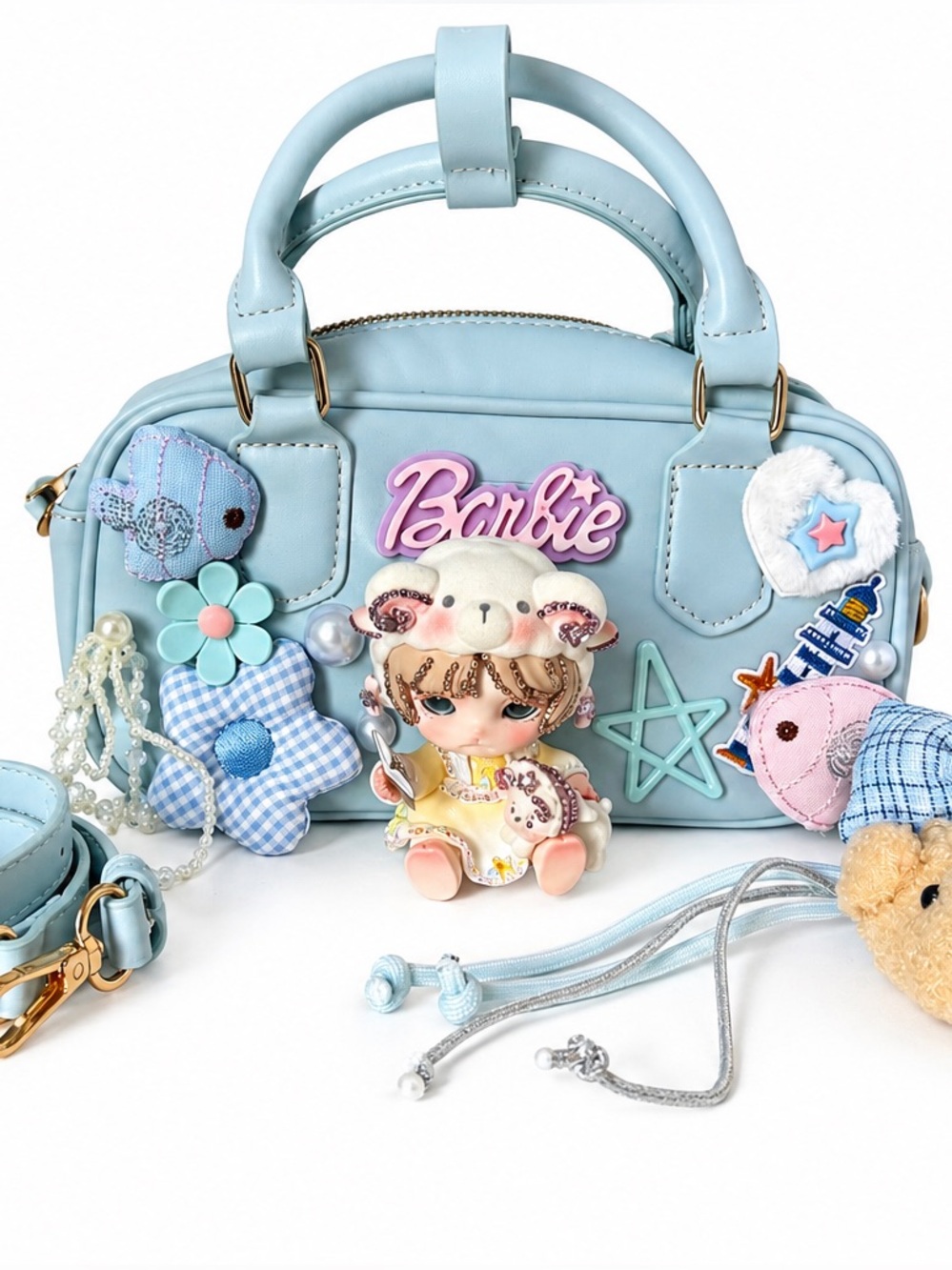 Kawaii Blue Decorated Crossbody Bag + Miuan Lamb Figure & Accessories